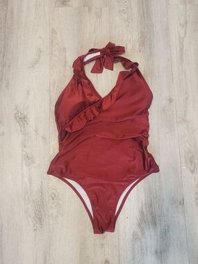 Cupshe Girls' Burgundy Halter Ruffle One-Piece Swimsuit